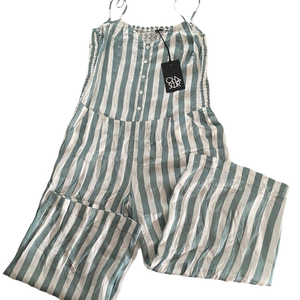 CHASER NWT Green Summer Stripped Button up Jumpsuit Smocked Silky fabric Medium - Picture 8 of 8